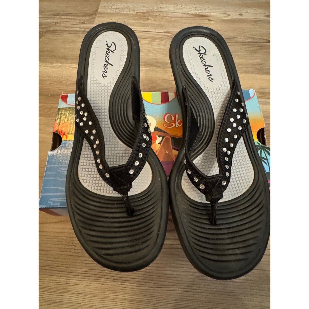 Skechers Cali Rumblers The Malibu Black Rhinestone Wedge Sandals Womens 7 38103